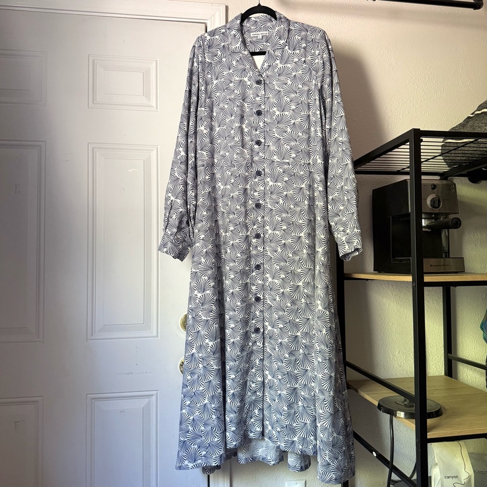 YAKIRA BELLA navy white shell print beach summer puff long sleeve button up maxi